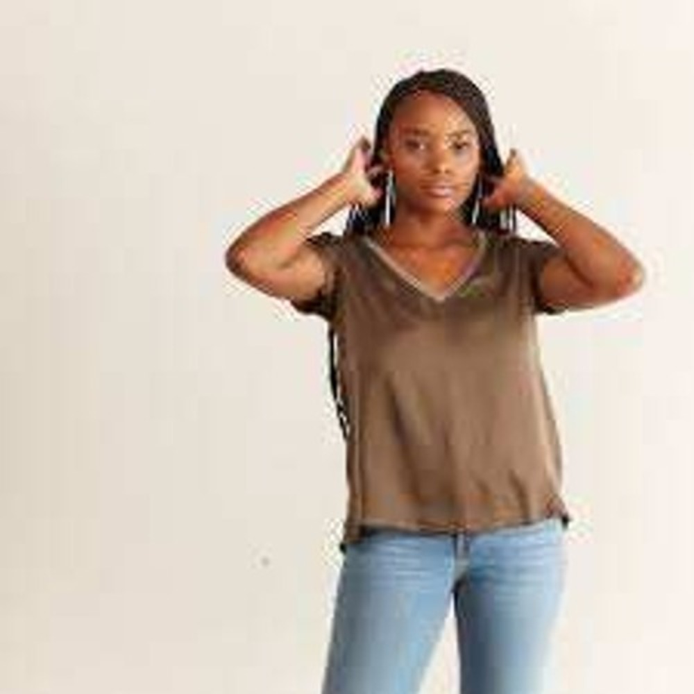 Nation LTD Brown Viscose V-Neck Short Sleeve Tee Top 2104SA FA21 Womens‎ Medium